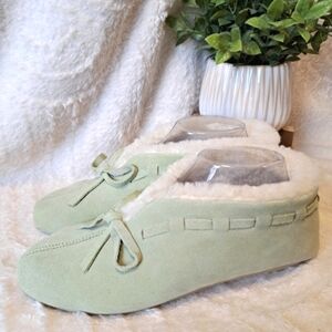 NEW Suede Slippers By Green Ease Shearling Lined House Shoe Sage Green Sz 9